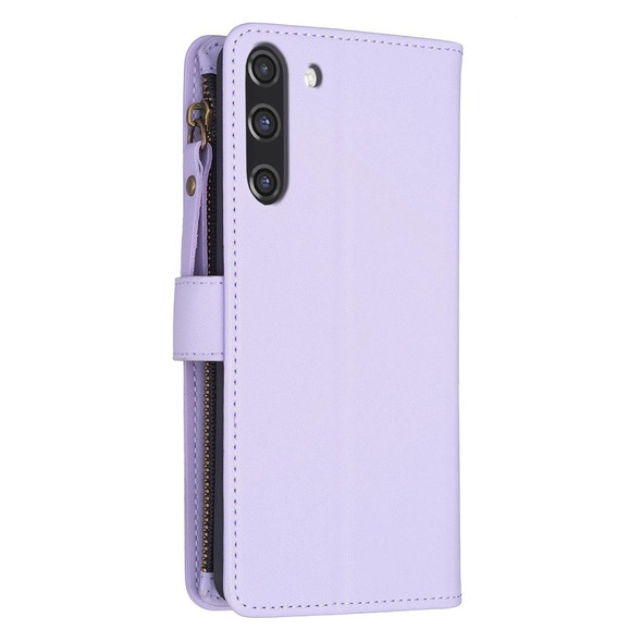 For Samsung Galaxy S21 FE 5G 9 Card Slots Zipper Wallet Leatherette Flip Phone Case(Light Purple)