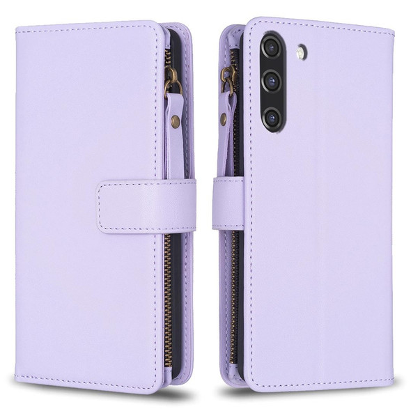 For Samsung Galaxy S21 FE 5G 9 Card Slots Zipper Wallet Leatherette Flip Phone Case(Light Purple)