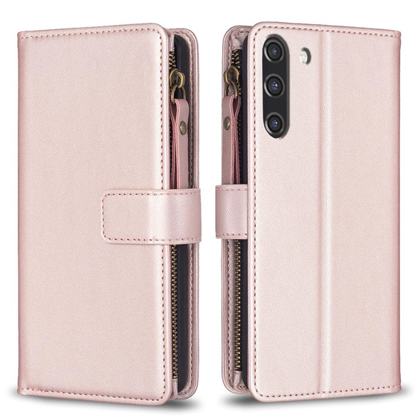 For Samsung Galaxy S21 FE 5G 9 Card Slots Zipper Wallet Leatherette Flip Phone Case(Rose Gold)
