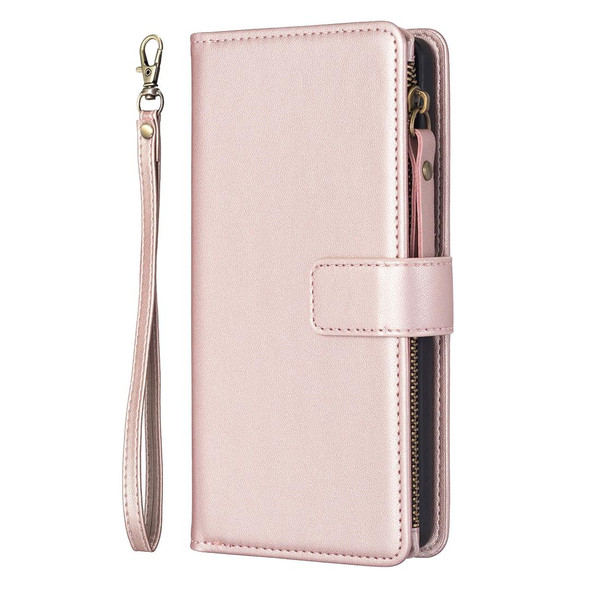 For Samsung Galaxy S21 FE 5G 9 Card Slots Zipper Wallet Leatherette Flip Phone Case(Rose Gold)