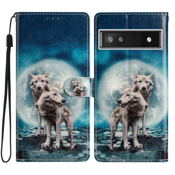 For Google Pixel 6a Colored Drawing Leatherette Phone Case(Twin Wolves)