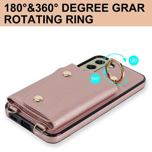 For Samsung Galaxy S21 FE 5G Zipper Card Bag Phone Case with Dual Lanyard(Rose Gold)