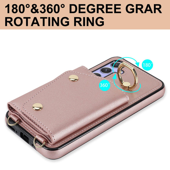 For Samsung Galaxy A14 5G / 4G Zipper Card Bag Phone Case with Dual Lanyard(Rose Gold)