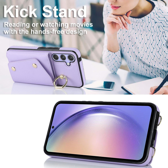 For Samsung Galaxy A54 5G Zipper Card Bag Phone Case with Dual Lanyard(Purple)