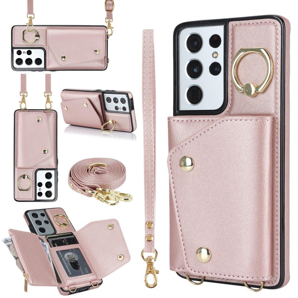 For Samsung Galaxy S21 Ultra 5G Zipper Card Bag Phone Case with Dual Lanyard(Rose Gold)