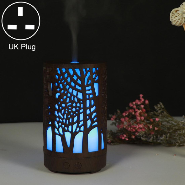 200ml Hollow-out Forest Pattern Wooden Essential Oil Aromatherapy Machine Ultrasonic Humidifier Automatic Alcohol Sprayer, Plug Specification:UK Plug(Dark Brown-3)