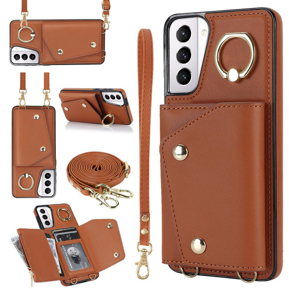 For Samsung Galaxy S21+ 5G Zipper Card Bag Phone Case with Dual Lanyard(Brown)