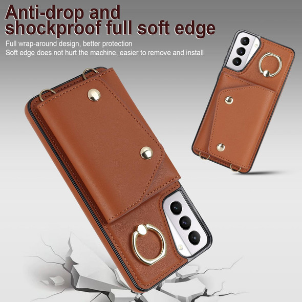For Samsung Galaxy S21+ 5G Zipper Card Bag Phone Case with Dual Lanyard(Brown)