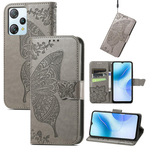 For Blackview A53 Butterfly Love Flower Embossed Leatherette Phone Case(Gray)