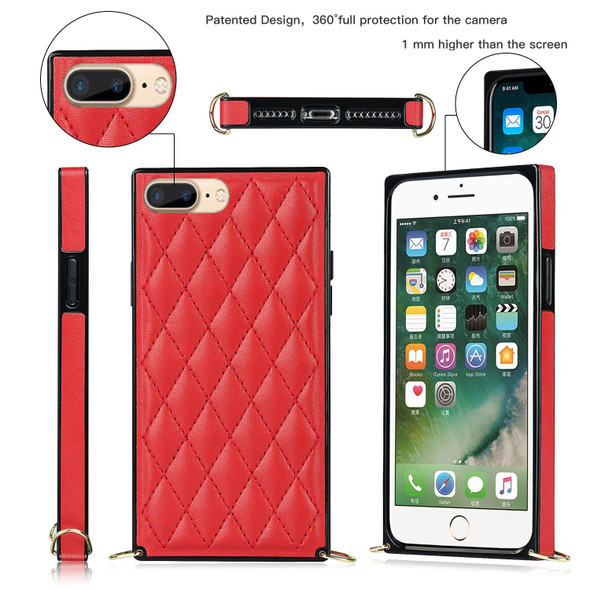 Elegant Rhombic Pattern Microfiber Leatherette +TPU Shockproof Case with Crossbody Strap Chain - iPhone SE 2022 / SE 2020 / 8 / 7(Red)