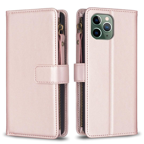 For iPhone 11 Pro Max 9 Card Slots Zipper Wallet Leatherette Flip Phone Case(Rose Gold)