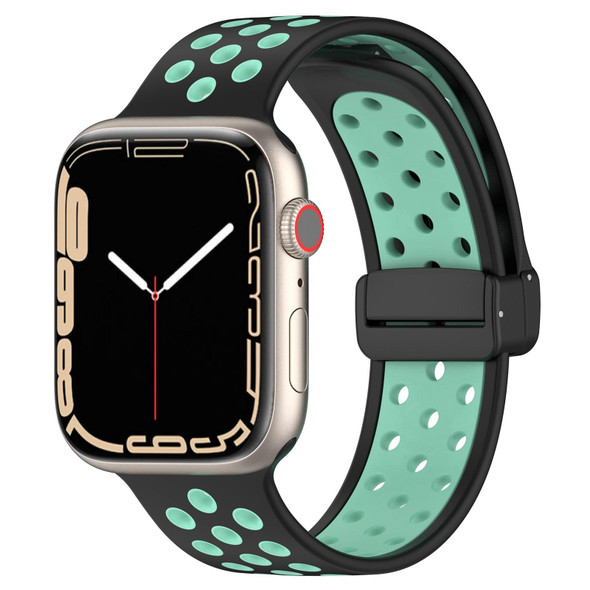 For Apple Watch 38mm Magnetic Buckle Silicone Watch Band(Black Cyan)