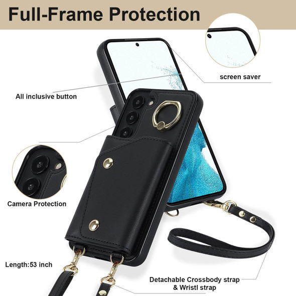 For Samsung Galaxy S22+ 5G Zipper Card Bag Phone Case with Dual Lanyard(Black)