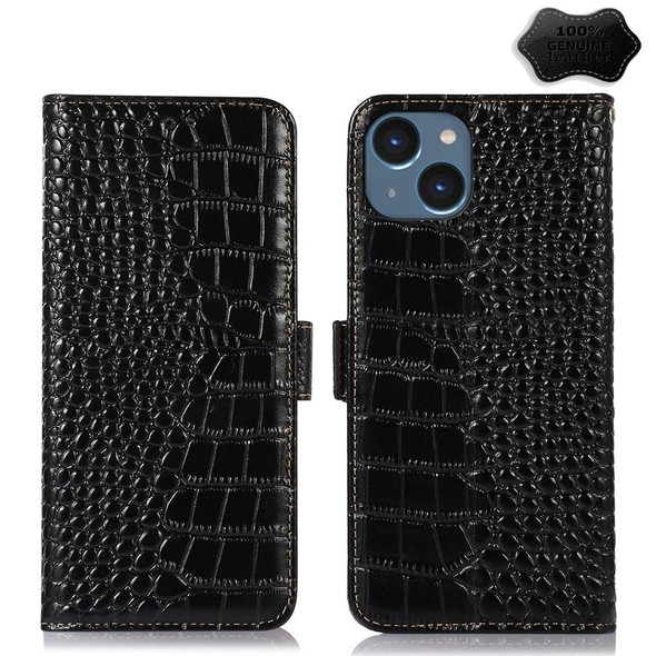 For iPhone 15 Crocodile Top Layer Cowhide Leatherette Phone Case(Black)