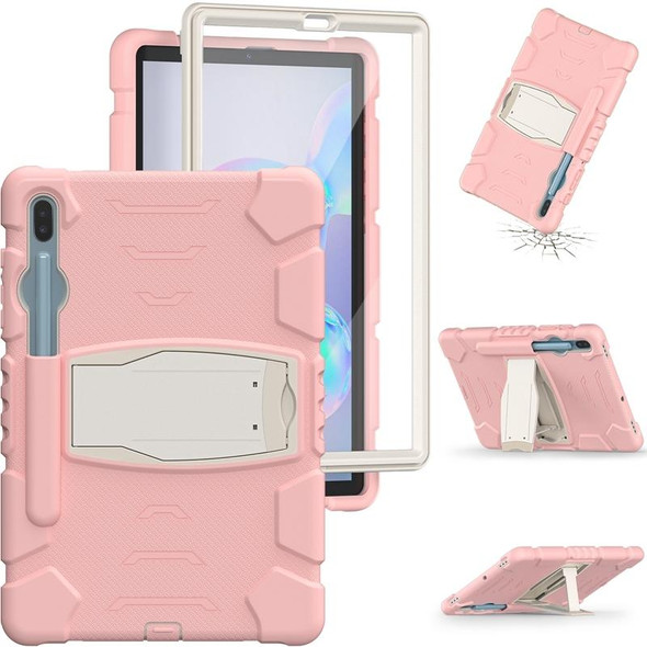 For Samsung Galaxy Tab S6 T860 3-Layer Protection  Screen Frame + PC + Silicone Shockproof Combination Case with Holder(Cherry Blossoms Pink)