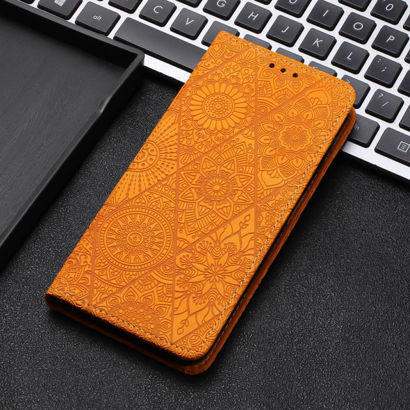For Samsung Galaxy S21 5G Ethnic Embossed Adsorption Leatherette Phone Case(Yellow)