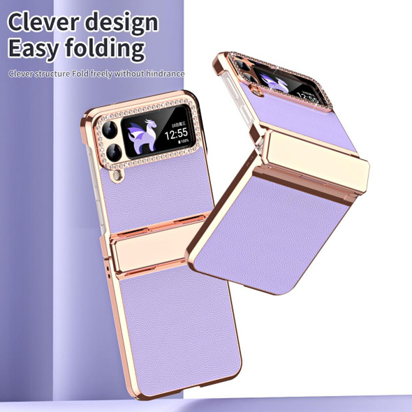 For Samsung Galaxy Z Flip3 5G Plated Plain Leatherette Folding Phone Case with Hinge(Purple)