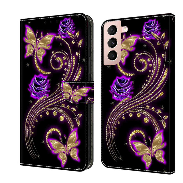 For Samsung Galaxy S21 Crystal 3D Shockproof Protective Leatherette Phone Case(Purple Flower Butterfly)