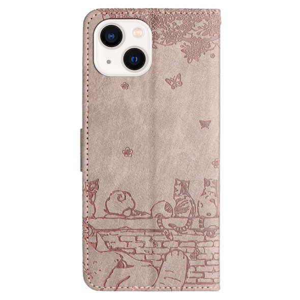 For iPhone 14 Cat Embossing Pattern Leatherette Phone Case with Lanyard(Grey)