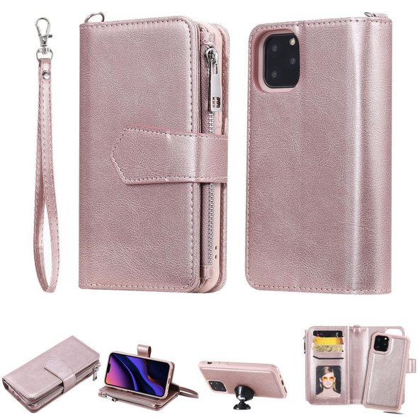 iPhone 11 Pro 2 in 1 Solid Color Zipper Shockproof Protective Case with Card Slots & Bracket & Photo Holder & Wallet Function(Rose Gold)