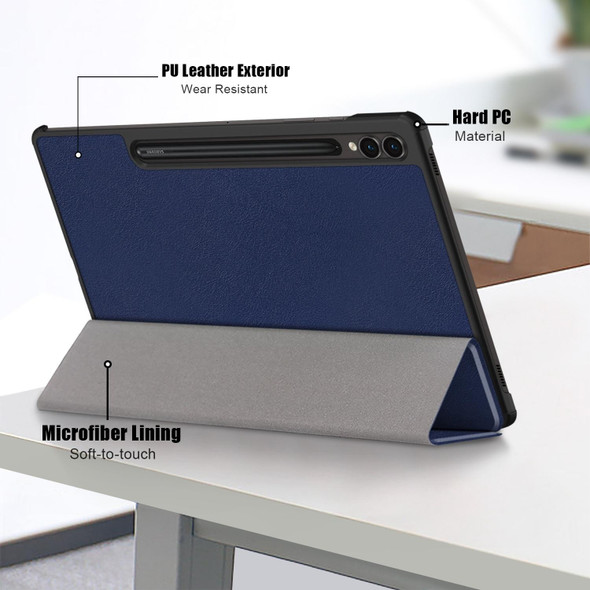 For Samsung Galaxy Tab S9+ Custer Pure Color 3-Fold Holder Smart Leatherette Tablet Case(Dark Blue)