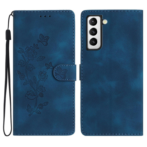For Samsung Galaxy S21 5G Flower Butterfly Embossing Pattern Leatherette Phone Case(Blue)