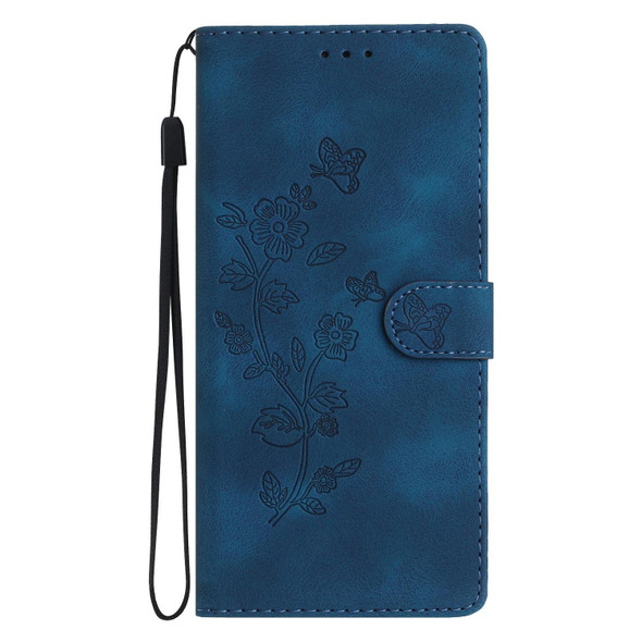 For Samsung Galaxy S22 Ultra 5G Flower Butterfly Embossing Pattern Leatherette Phone Case(Blue)