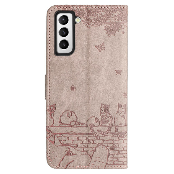 For Samsung Galaxy S21 Cat Embossing Pattern Leatherette Phone Case with Lanyard(Grey)