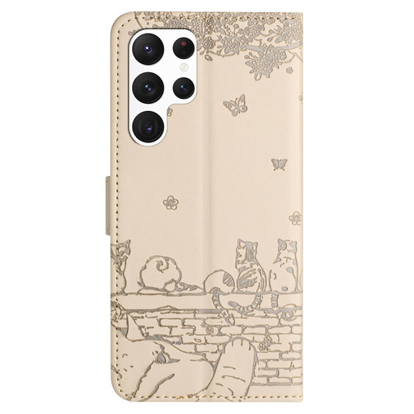 For Samsung Galaxy S22 Ultra Cat Embossing Pattern Leatherette Phone Case with Lanyard(Beige)