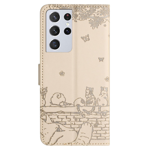 For Samsung Galaxy S21 Ultra Cat Embossing Pattern Leatherette Phone Case with Lanyard(Beige)