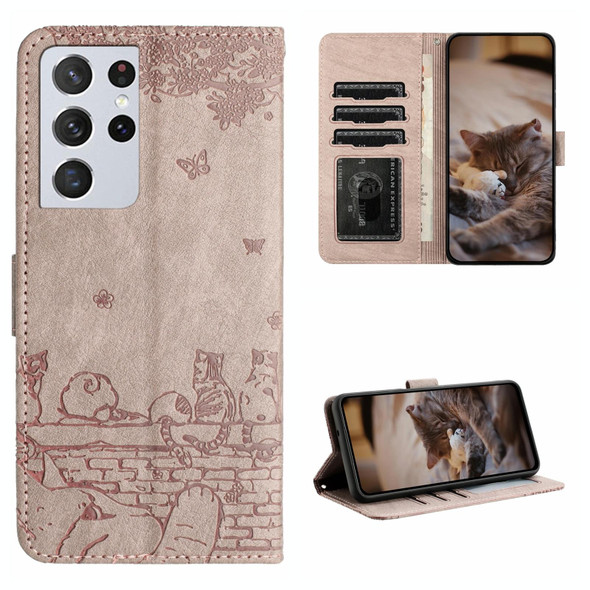 For Samsung Galaxy S21 Ultra Cat Embossing Pattern Leatherette Phone Case with Lanyard(Grey)