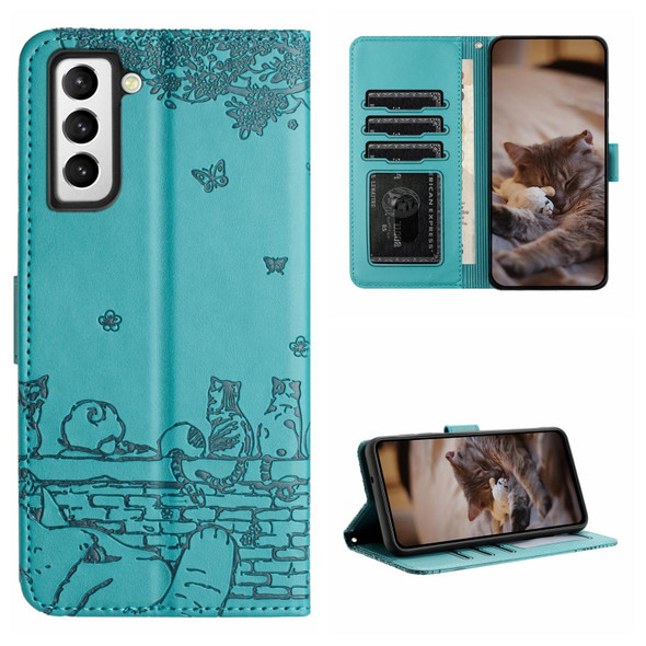 For Samsung Galaxy S21+ Cat Embossing Pattern Leatherette Phone Case with Lanyard(Blue)