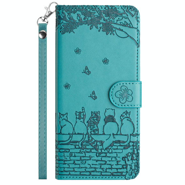 For Samsung Galaxy S21 Cat Embossing Pattern Leatherette Phone Case with Lanyard(Blue)