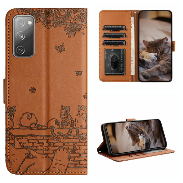 For Samsung Galaxy S20 FE Cat Embossing Pattern Leatherette Phone Case with Lanyard(Brown)