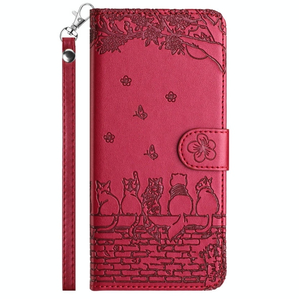 For Xiaomi Redmi Note 11 Pro 4G/5G Global Cat Embossing Pattern Leather Phone Case with Lanyard(Red)