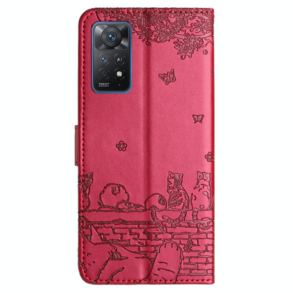 For Xiaomi Redmi Note 11 Pro 4G/5G Global Cat Embossing Pattern Leather Phone Case with Lanyard(Red)