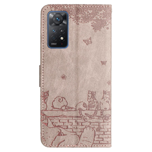 For Xiaomi Redmi Note 11 Pro 4G/5G Global Cat Embossing Pattern Leather Phone Case with Lanyard(Grey)