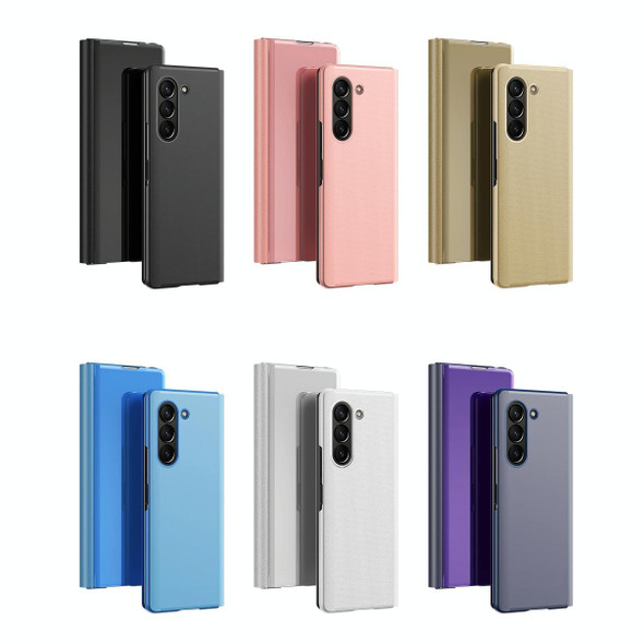 For Samsung Galaxy Z Fold5 5G Plated Mirror Horizontal Flip Leatherette Case with Holder(Purple Blue)