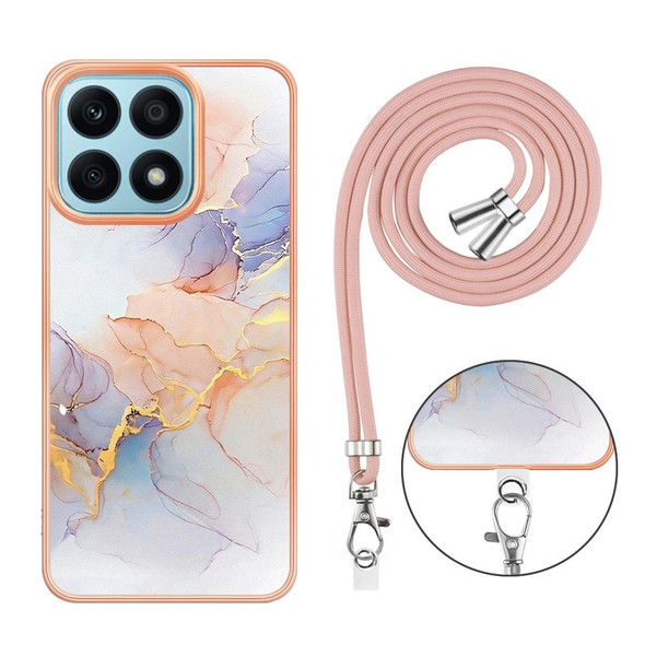 For Honor X8a Electroplating IMD TPU Phone Case with Lanyard(White Marble)