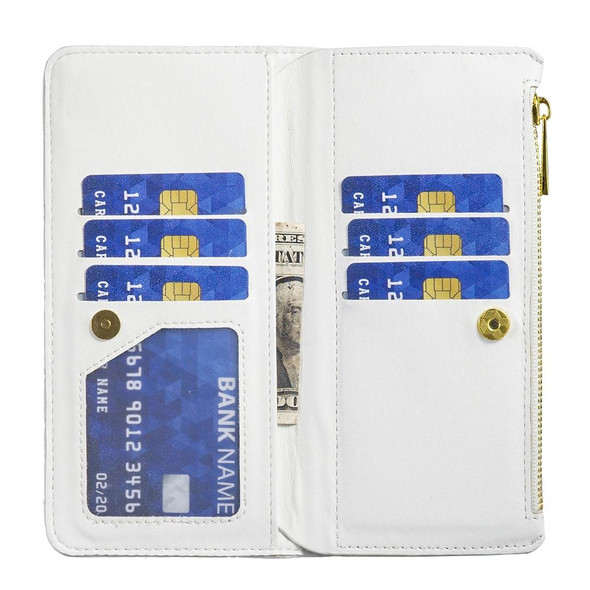 For iPhone 15 Pro Max Diamond Lattice Zipper Wallet Leatherette Flip Phone Case(White)