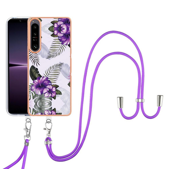 For Sony Xperia 1 IV Electroplating IMD TPU Phone Case with Lanyard(Purple Flower)