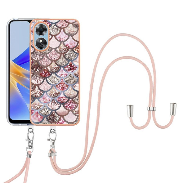 For OPPO A17 Electroplating IMD TPU Phone Case with Lanyard(Pink Scales)