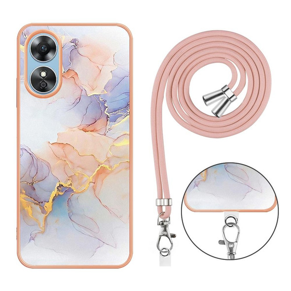 For OPPO A17 Electroplating IMD TPU Phone Case with Lanyard(White Marble)