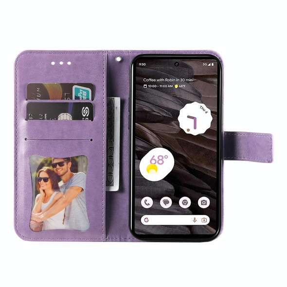 For Google Pixel 7a 7-petal Flowers Embossing Leatherette Phone Case(Light Purple)