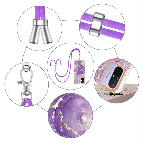 For Xiaomi Redmi 12C/11A 4G Global Electroplating Marble Dual-side IMD Phone Case with Lanyard(Purple 002)