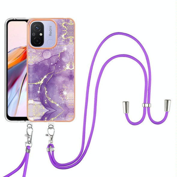 For Xiaomi Redmi 12C/11A 4G Global Electroplating Marble Dual-side IMD Phone Case with Lanyard(Purple 002)