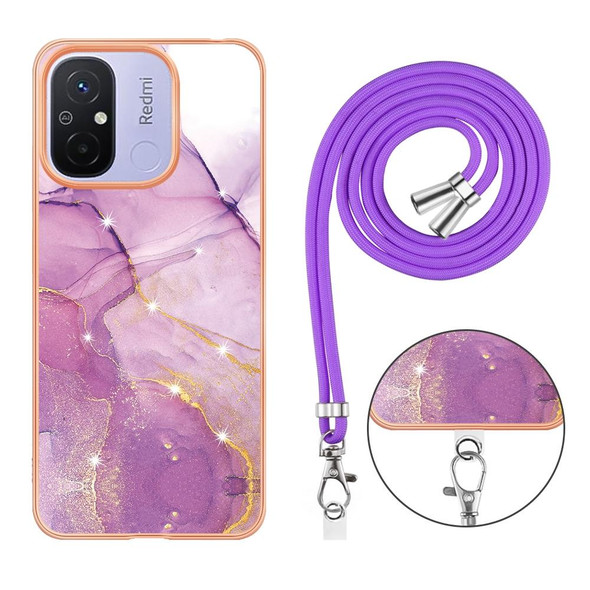 For Xiaomi Redmi 12C/11A 4G Global Electroplating Marble Dual-side IMD Phone Case with Lanyard(Purple 001)