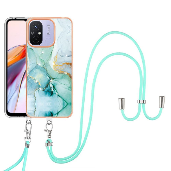 For Xiaomi Redmi 12C/11A 4G Global Electroplating Marble Dual-side IMD Phone Case with Lanyard(Green 003)