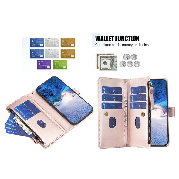 For iPhone 15 Pro Max 9 Card Slots Zipper Wallet Leatherette Flip Phone Case(Rose Gold)
