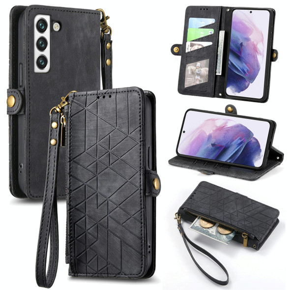 For Samsung Galaxy S21 FE Geometric Zipper Wallet Side Buckle Leatherette Phone Case(Black)